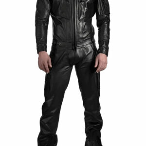Men's Black Leather Jumpsuit with Straps