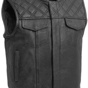 Men's Black Leather Motorcycle Vest with Diamond Stitch