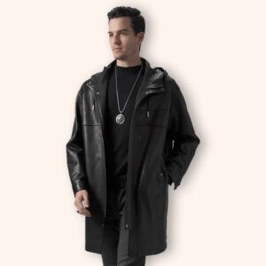 Men's Black Mid-Length Leather Coat with Hood