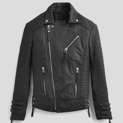 Men's Black Leather Motorcycle Jacket - Biker Edition with Pattern