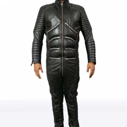 Men’s Black Quilted Leather Biker Jumpsuit