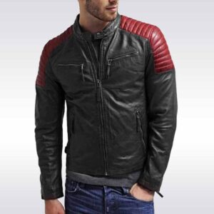 Men's Slim Fit Black & Red Cowhide Leather Jacket