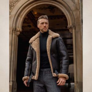 Men's Black Shearling B3 RAF Aviator Jacket with Belt