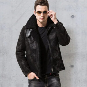 Men's Black Shearling Fur Pilot Leather Jacket
