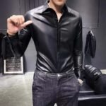Men’s Slim Fit Black Sheepskin Leather Shirt Jacket