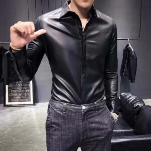 Men?s Slim Fit Black Sheepskin Leather Shirt Jacket