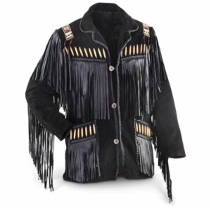 Men's Black Suede Leather Jacket - Cowboy Fringed & Beaded Coat