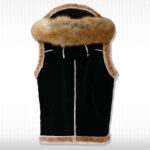 Men's Black Suede Leather Shearling Vest - Hooded Sleeveless Jacket - Image 2
