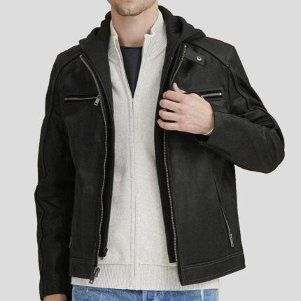 Men's Black Vintage Hooded Leather Jacket