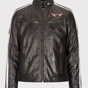 Men's Black and White Leather Biker Jacket with Racing Stripe Badge - Short Zipped Style
