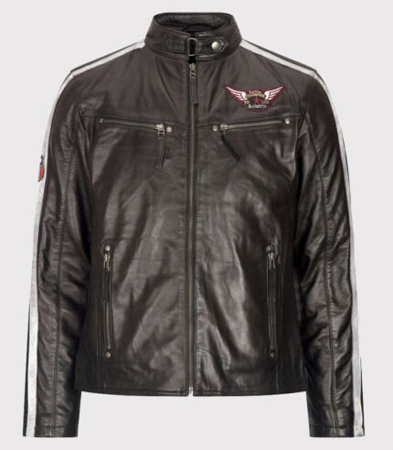 Men's Black and White Leather Biker Jacket with Racing Stripe Badge - Short Zipped Style