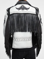 New Men’s Black & White Silver Studded Cowboy Leather Jacket with Fringes - Image 2