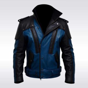 Men?s Aqueous Blue and Black Leather Biker Jacket