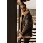 Men's Brown B3 Flying Aviator Shearling Leather Long Jacket Coat - Image 2
