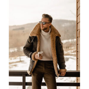 Men's Brown B3 Flying Aviator Shearling Leather Long Jacket Coat