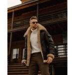 Men's Brown B3 Flying Aviator Shearling Leather Long Jacket Coat - Image 5