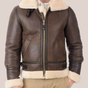 Men's Brown B3 Shearling Aviator Sheepskin Leather Bomber Jacket