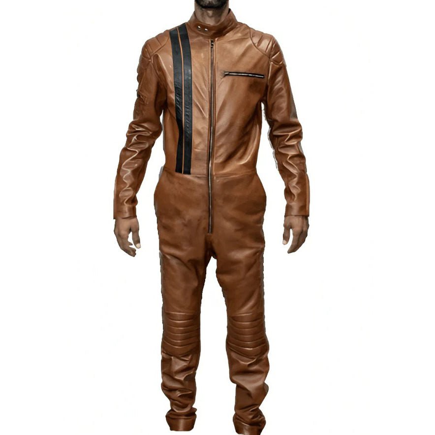 mens-brown-biker-leather-jumpsuit-edgy-stylish Men's Brown Biker Leather Jumpsuit - Edgy and Stylish - Image 1