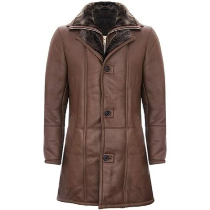 Men's Brown Double Collar Shearling Trench Coat