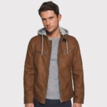 Men's Brown Hooded Biker Leather Jacket - Image 2