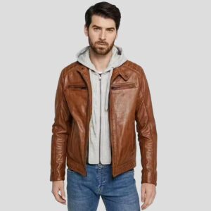 Men's Brown Hooded Lambskin Leather Jacket