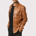 Men's Brown Lambskin Leather Biker Shirt - Image 3