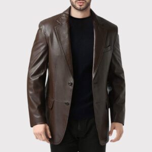 Men's Single Breasted Brown Leather Blazer Coat