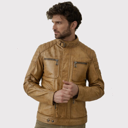Men's Brown Genuine Leather Cafe Racer Jacket - Classic Style!