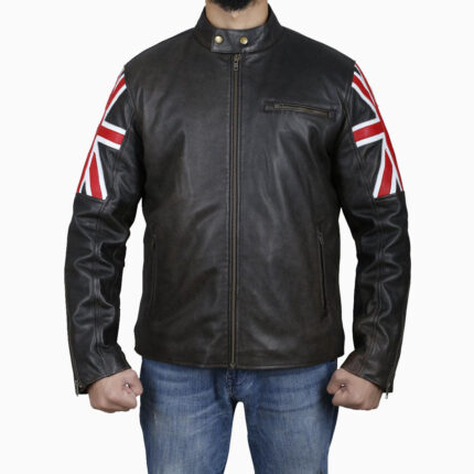 Men's Brown Leather Jacket with UK Flag Sleeves