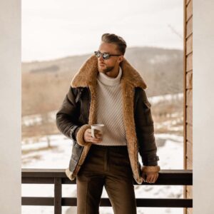 Men's Brown Shearling B3 Aviator Leather Long Coat with Belt