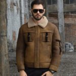 Men's Brown Shearling B3 Bomber Motorcycle Jacket - Image 2