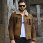 Men's Brown Shearling B3 Bomber Motorcycle Jacket - Image 3