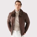 Stylish Men's Brown Shearling Bomber Jacket - Image 3