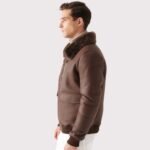 Stylish Men's Brown Shearling Bomber Jacket - Image 4