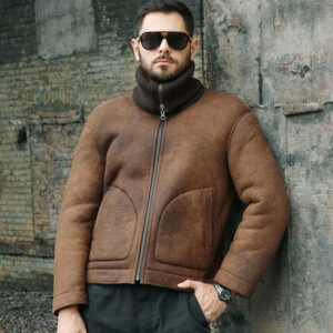 Men's Brown Shearling Lapel Jacket