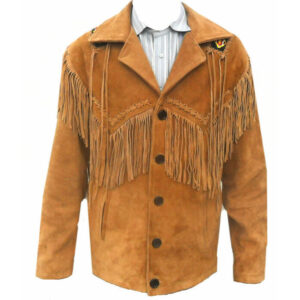 Men's Brown Suede Leather Jacket - Native American Cow-boy Fringed & Beaded Coat