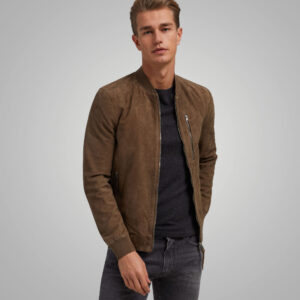 Men's Brown Suede Leather Bomber Jacket