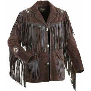 Men's Brown Suede Leather Fringed Jacket with Beaded Coat