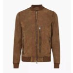 Men's Suede Real Leather Bomber Jacket In Brown