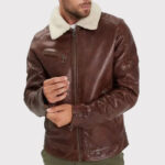 Men's Brown Washed Lambskin Leather Jacket with Faux Fur Collar