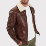 Men's Brown Washed Lambskin Leather Jacket with Faux Fur Collar - Image 3