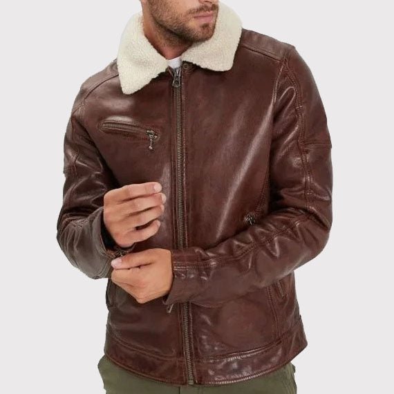 mens-brown-washed-lambskin-leather-jacket-faux-fur-collar Men's Brown Washed Lambskin Leather Jacket with Faux Fur Collar - Image 1