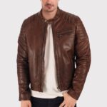 Men’s Brown Waxed Leather Biker Jacket - Image 2