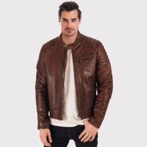 Men?s Brown Waxed Leather Biker Jacket