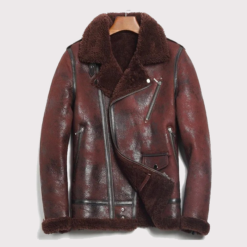 mens-burgundy-b3-bomber-sheepskin-motorcycle-jacket Men's Burgundy B-3 Bomber Sheepskin Motorcycle Jacket - Image 1