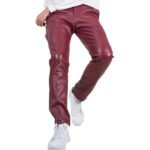 Men’s Burgundy Leather Trousers with Back Flap Pockets - Image 2