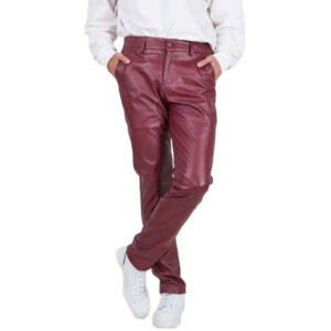 Men?s Burgundy Leather Trousers with Back Flap Pockets