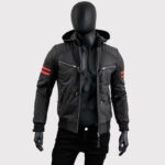 Men's Café Racer Motorcycle Black Leather Jacket with Removable Hood - Image 2