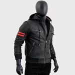 Men's Café Racer Motorcycle Black Leather Jacket with Removable Hood - Image 3