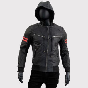Men's Caf? Racer Motorcycle Black Leather Jacket with Removable Hood
